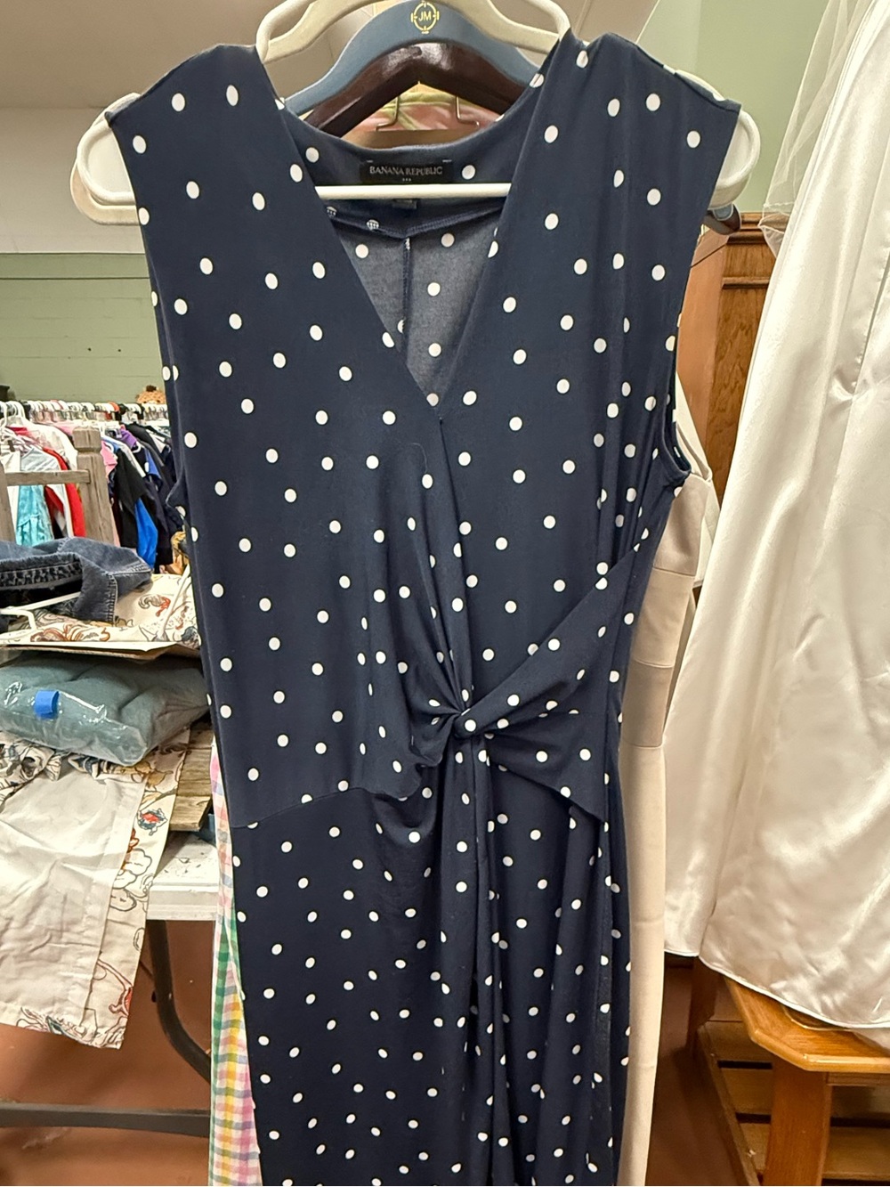 Banana Republic Navy and White Polka Dot Twist-Front Midi Dress
